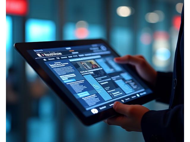 O persoană citind pe o tabletă, cu grafice și știri în fundal, reprezentând accesul la conținut premium Vatra Ştiri.