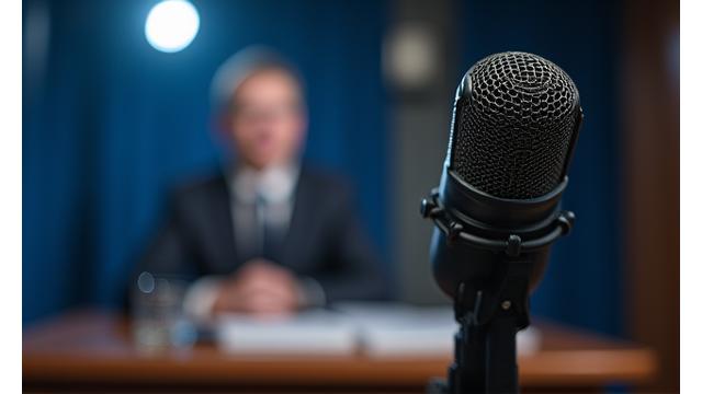 Microfon de jurnalist în prim-plan la o conferință de presă, cu un politician vorbind, simbolizând interviuri exclusive.