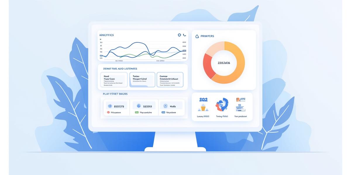 Interfața unui dashboard de analiză a datelor audio, cu grafice și diagrame care arată tendințe de ascultare, date demografice și episoade populare.