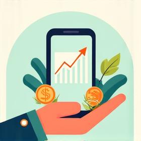 Mână care ține un smartphone cu aplicație de buget, lângă monede și o plantă mică, simbolizând creșterea financiară.