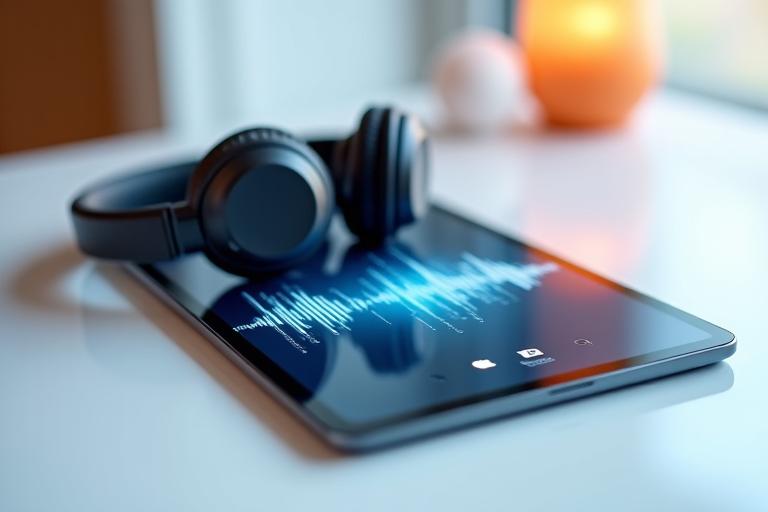Căști moderne peste o tabletă care afișează valuri sonore, reprezentând consumul de conținut audio.