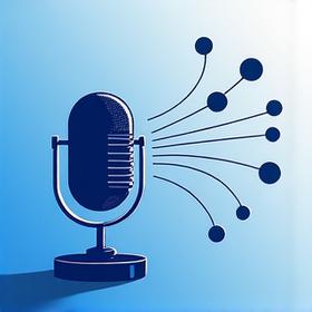 Microfon de podcast pe un fundal cu grafice schematice de tendințe politice.