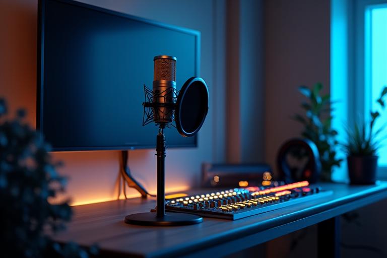 Cameră de înregistrare podcast, cu un microfon profesional, căști, și un panou de control audio, într-un studio acustic.