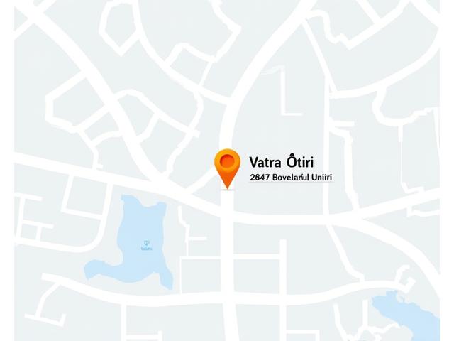 O hartă stilizată a Bucureștiului, indicând locația Vatra Ştiri pe Bulevardul Unirii, cu puncte de reper importante și rute de acces maracte.