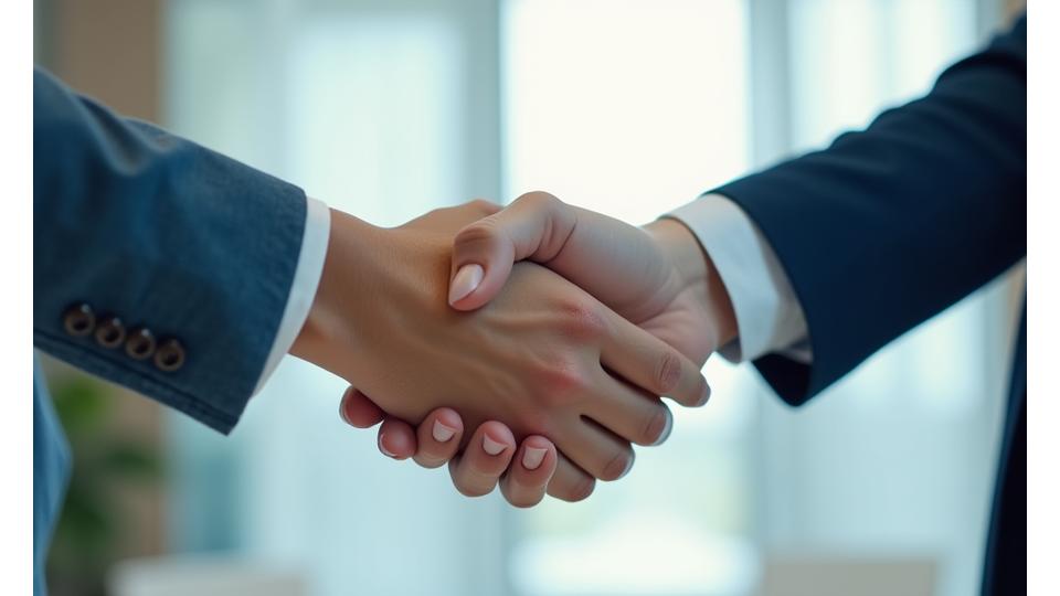 Două mâini, una masculină și una feminină, se strâng ferm într-un context de birou modern, simbolizând un parteneriat de succes și încredere.