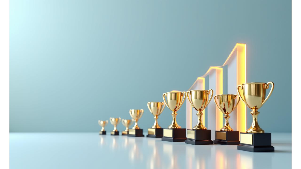 Colecție de trofee și certificări alături de un grafic de creștere, simbolizând succesul și impactul