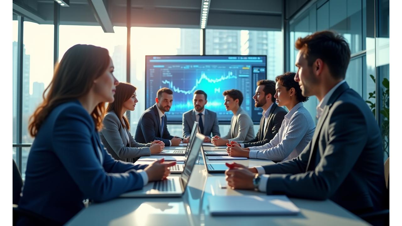 Echipa de jurnaliști Vatra Ştiri lucrând împreună într-un birou modern