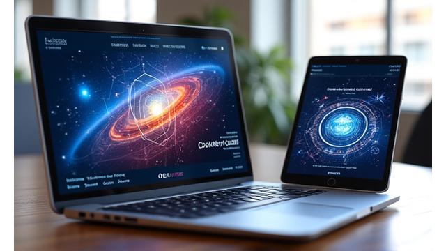 Ecran de laptop și tabletă afișând bannere publicitare dinamice pentru o firmă de tehnologie, cu focus pe video și display ads.