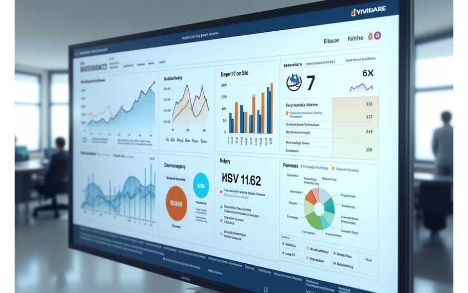 Panou de control digital modern cu grafice animate, coloane și linii, afișând statistici de audiență: vizite unice, timp petrecut pe site, și rate de angajament. Culorile dominante sunt albastru, gri și accente luminoase de auriu.