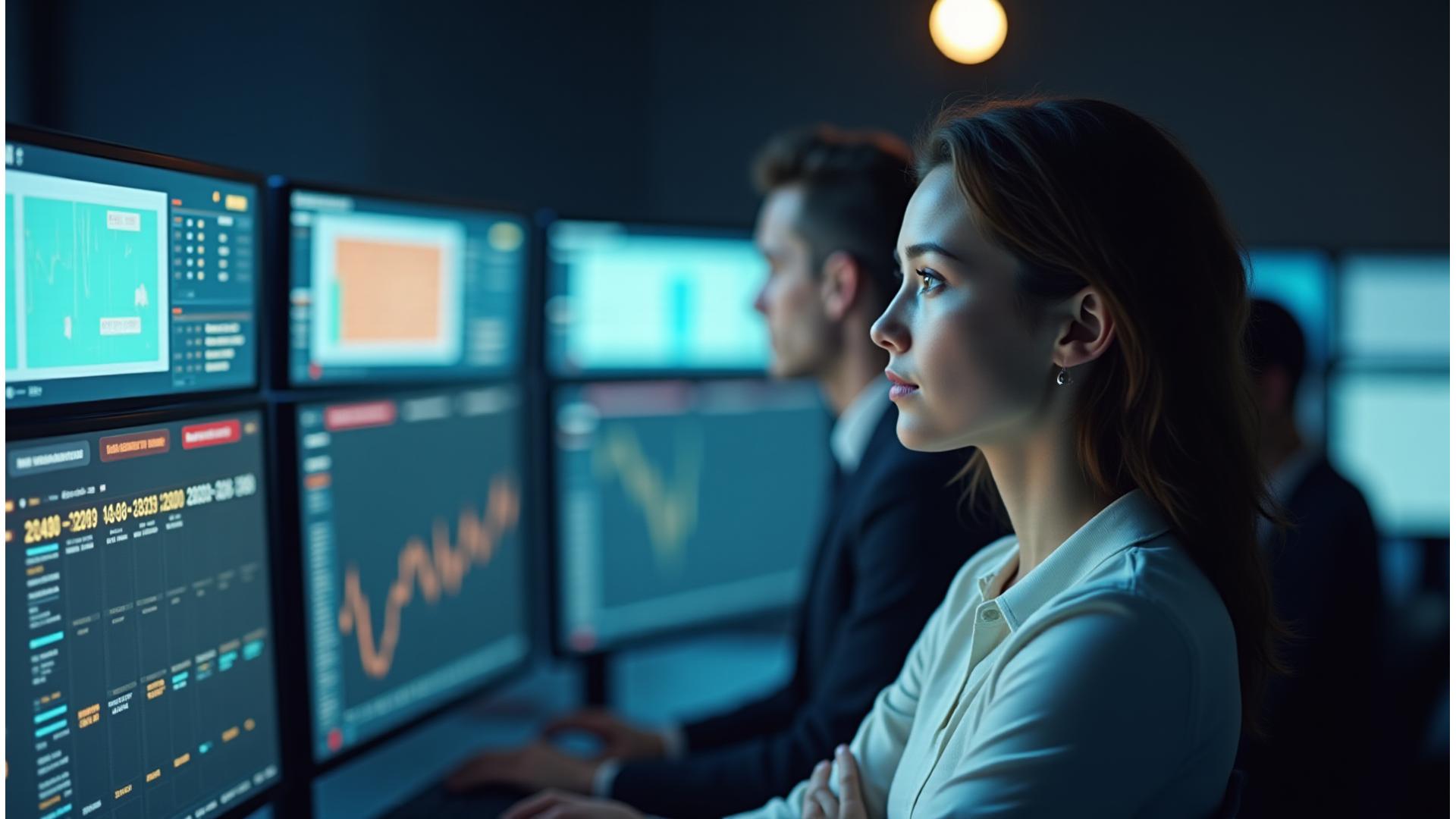 Tânăra femeie jurnalistă stă la birou cu mai multe monitoare cu știri care rulează, într-un studio modern de știri cu culorile albastru închis și auriu, reflectând profesionalism și seriozitate.