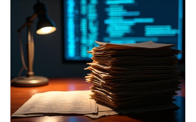 Imagine dramatică a unor dosare și documente pe un birou întunecat, cu un ecran de calculator luminat în fundal, simbolizând investigația corupției.