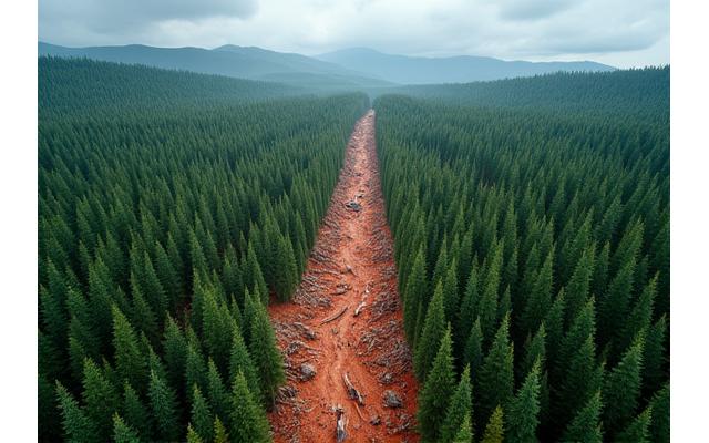 O pădure luxuriantă, verde, cu o porțiune tăiată ilegal, simbolizând impactul asupra mediului și interesele ascunse.