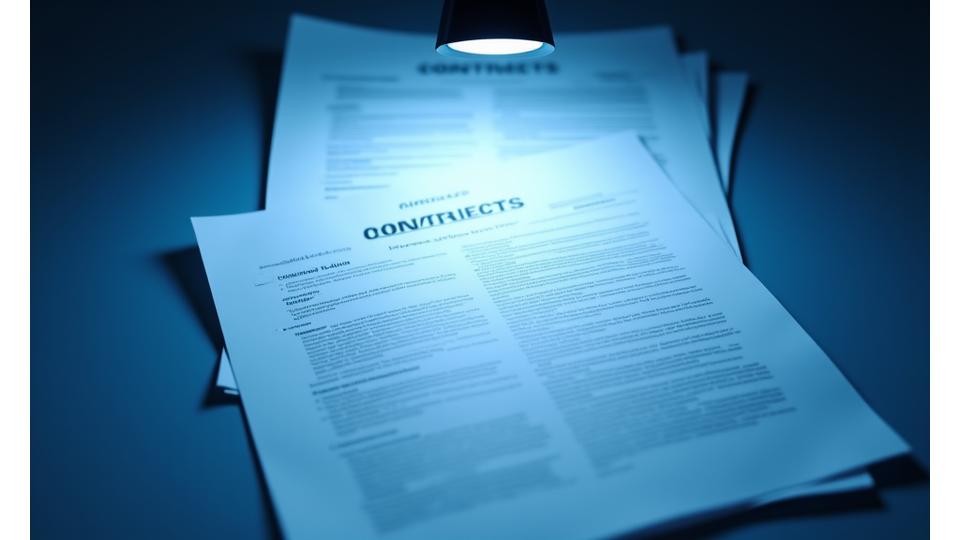 O serie de contracte iluminate selectiv pe un birou întunecat, simbolizând investigația corupției în achizițiile publice.