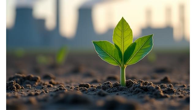 O mână protectoare peste o plantă verde tânără, cu un fundal încețoșat de fum industrial, ilustrând problemele de mediu.