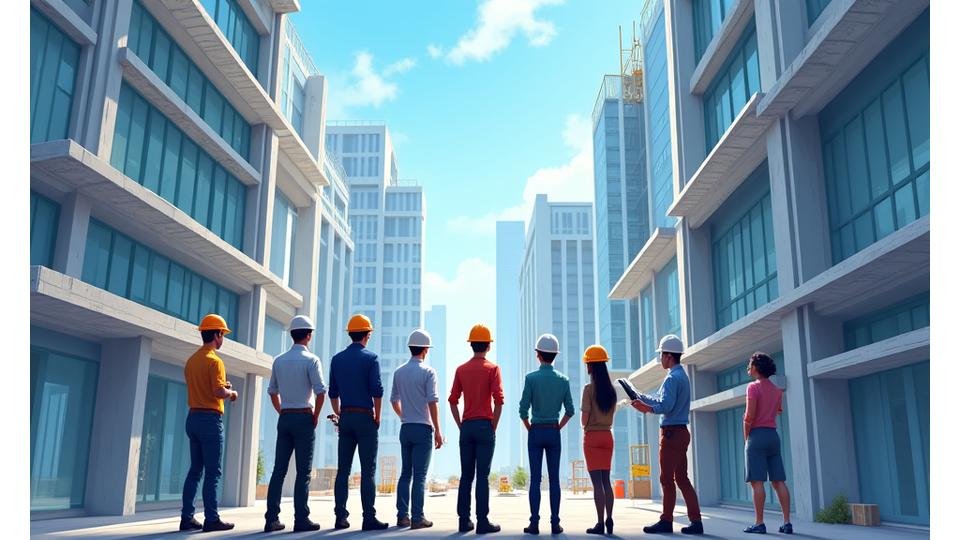 Muncitori moderni care consultă planuri arhitecturale pe un șantier urban revitalizat, simbolizând analiza proiectelor de reabilitare.