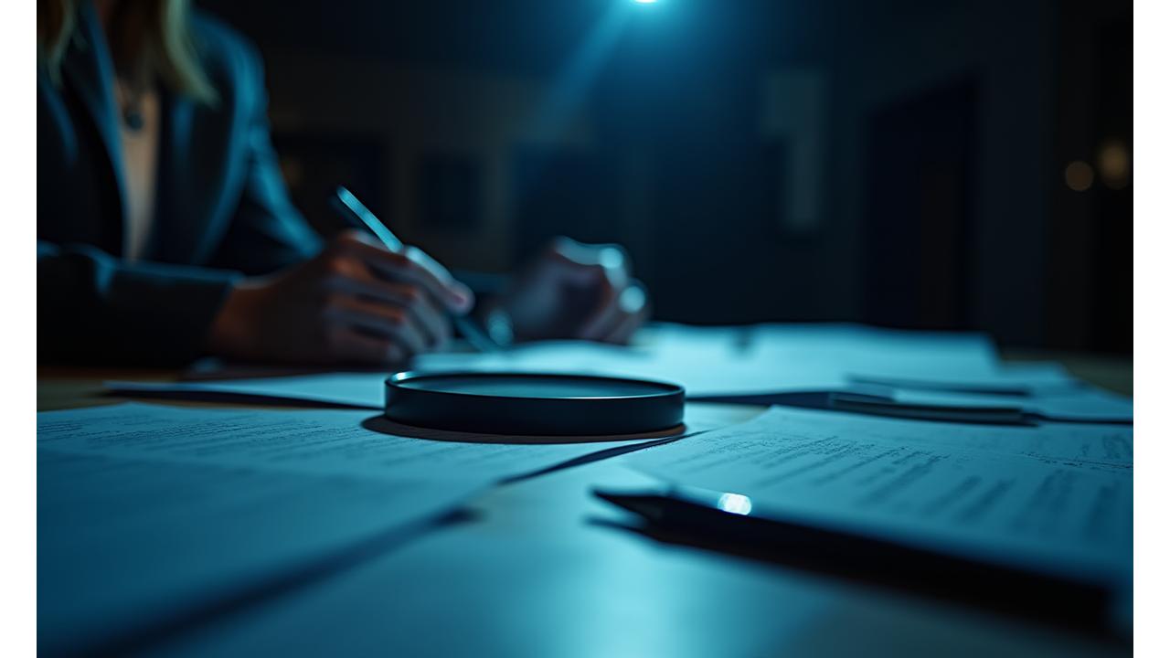 O masă de investigație jurnalistică cu documente împrăștiate, o lupă, un laptop și o lumină dramatică, simbolizând căutarea adevărului.