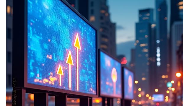 Panouri publicitare digitale care afișează logo-uri de branduri FMCG și statistici de creștere a vizibilității.