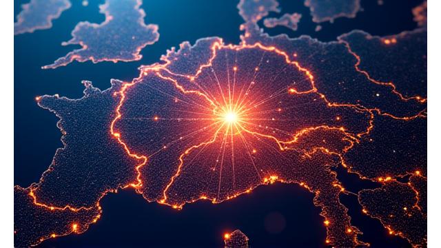 O hartă digitală a României, reprezentată cu puncte luminoase indicând creșterea traficului web și a distribuției de conținut regional.
