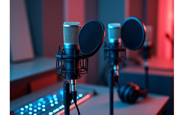 Un studio de înregistrare podcast modern cu microfoane profesionale și căști, iluminat ambiental.