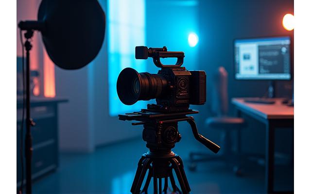 Echipament profesional de filmare pentru producție video, cu un cameraman în fundal și un set de lumini.