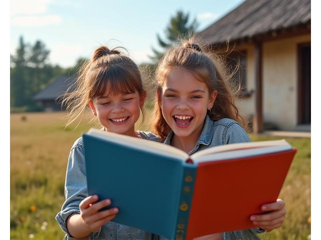 Copii bucuroși citind cărți într-o bibliotecă mobilă improvizată.
