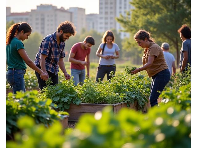 Voluntari muncind într-o grădină comunitară urbană, cu legume proaspete.
