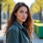 Portretul unei corespondente locale, activă, în fața unei clădiri moderne din Timișoara.