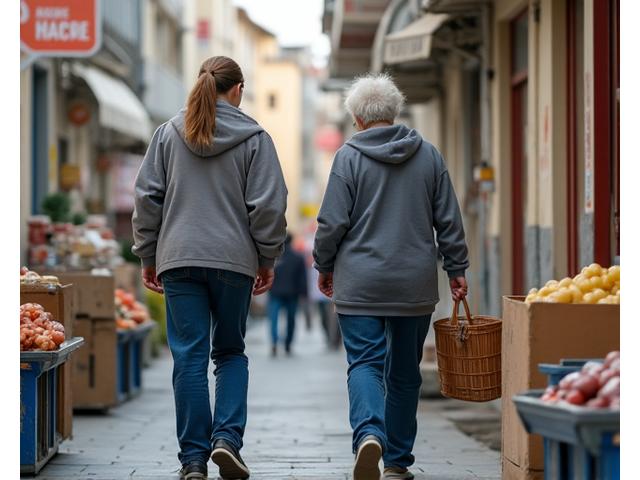 Voluntari tineri ajutând persoane vârstnice la cumpărături într-un supermarket.